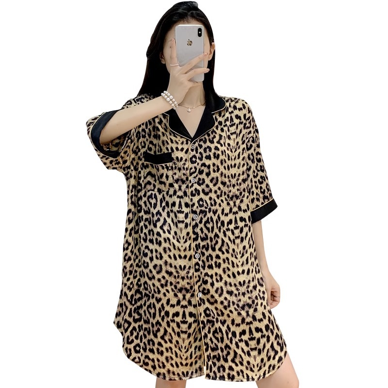 Picture of New Ice Silk Nightdress Women Summer Thin Leopard Print Loose plus size Shirt Dress Sexy Pajamas Women Home Clothes Wholesale