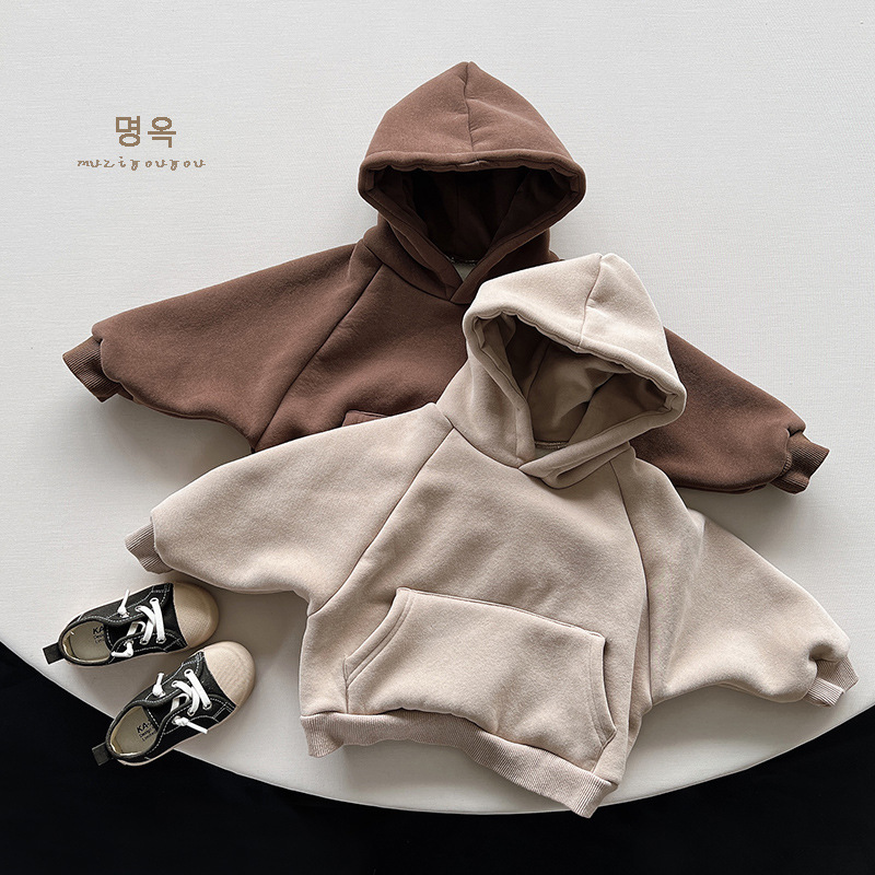 Children's one-piece velvet sweater 2025 autumn and winter new boys and girls thick Korean hooded fleece-lined pullover baby sweater