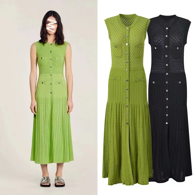 2025 New Summer Style French Lady Style Design Sleeveless Waist Elegant Work Clothing Long Knitted Dress 8159