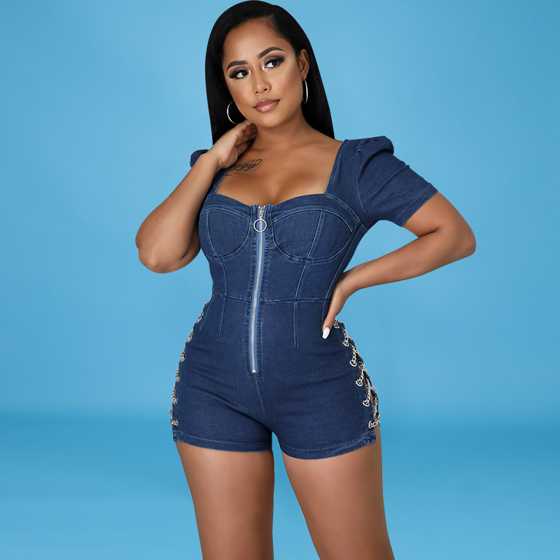 Picture of Cross-Border European and American Amazon Women's New Style Front Zipper Backless Sexy Denim Jumpsuit