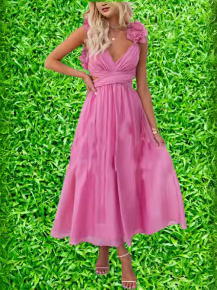 European and American Amazon Elegant Beach Long Dress Fashion Slim Fit Sexy Lotus Sleeve Chiffon Pleated Dress Solid Color dress