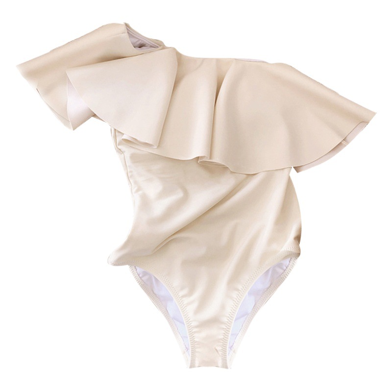 South Korea New Solid Color Bikini Sexy Big Ruffled Belly Covering Slimming Conservative One-Shoulder Swimsuit for Women