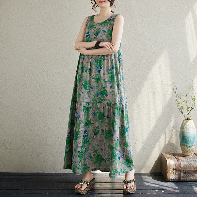Retro Pastoral dress Loose Style Skirt Long Skirt Sleeveless Crewneck Pullover Middle-aged and Elderly Mother's Dress for Foreign Trade