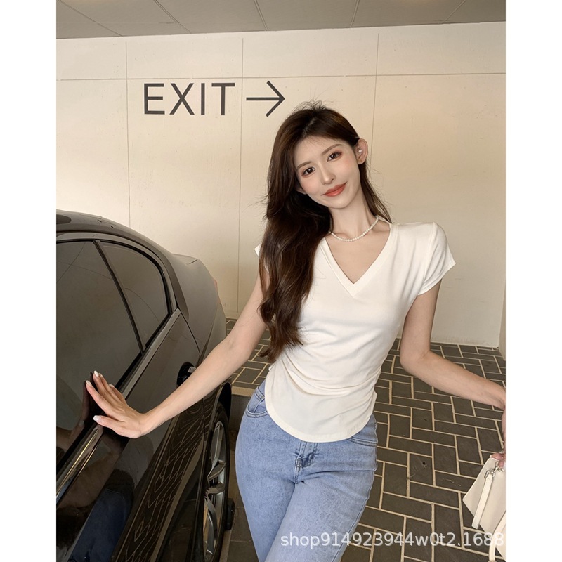 Picture of New Summer Irregular V-neck Shoulder Short-sleeved T-shirt Design Pleated Tight Waist Short High Waist Top Pure Hot Girl