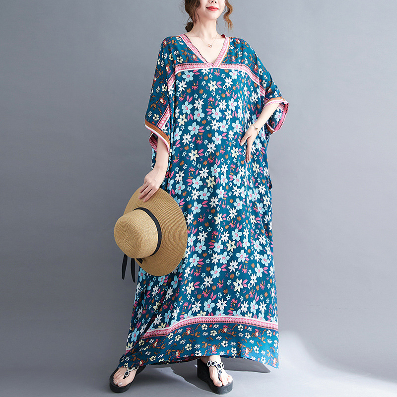 2024 Summer Thin Cotton Silk Printed V-neck dress Loose plus size Ethnic Style Travel Robe Women's Meat Covering