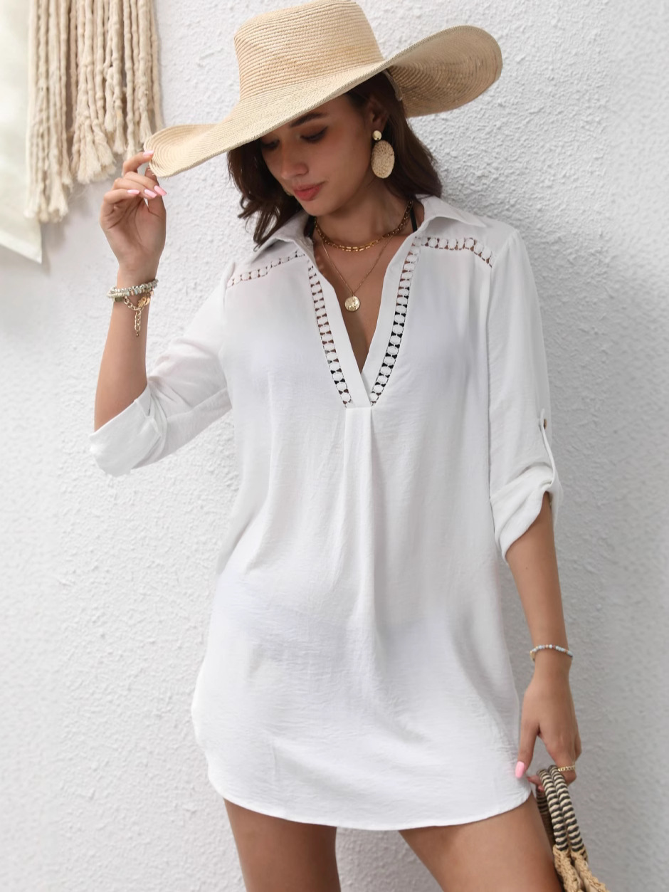 Cross-border 2025 summer hot shirt Amazon V-neck hollow lace stitching bikini blouse beach skirt women