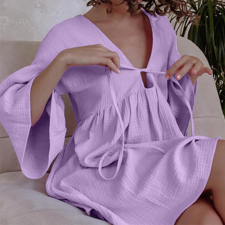2024 New Autum Cotton and Linen European and American Pajamas Deep V Three-Quarter Sleeve Nightgown Casual Loose Can Be Worn Outside Home Nightgown