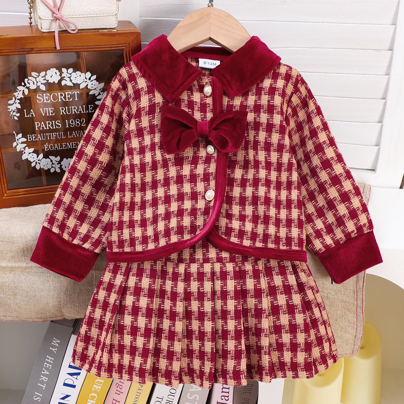 Girls Cotton Thickened Chanel Style suit 2024 Winter Children's Red Houndstooth New Year's Two-Piece Set
