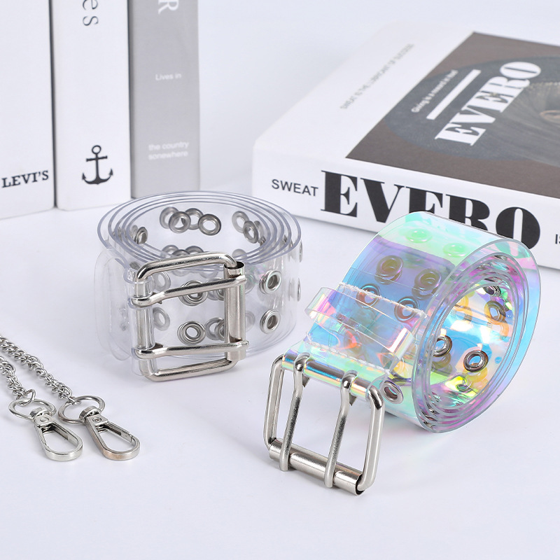 Korean Style Fashion Ins Laser Colorful Transparent Double Row Air Eye PVC Women's Belt Trendy Punk Style Women's All-match Belt