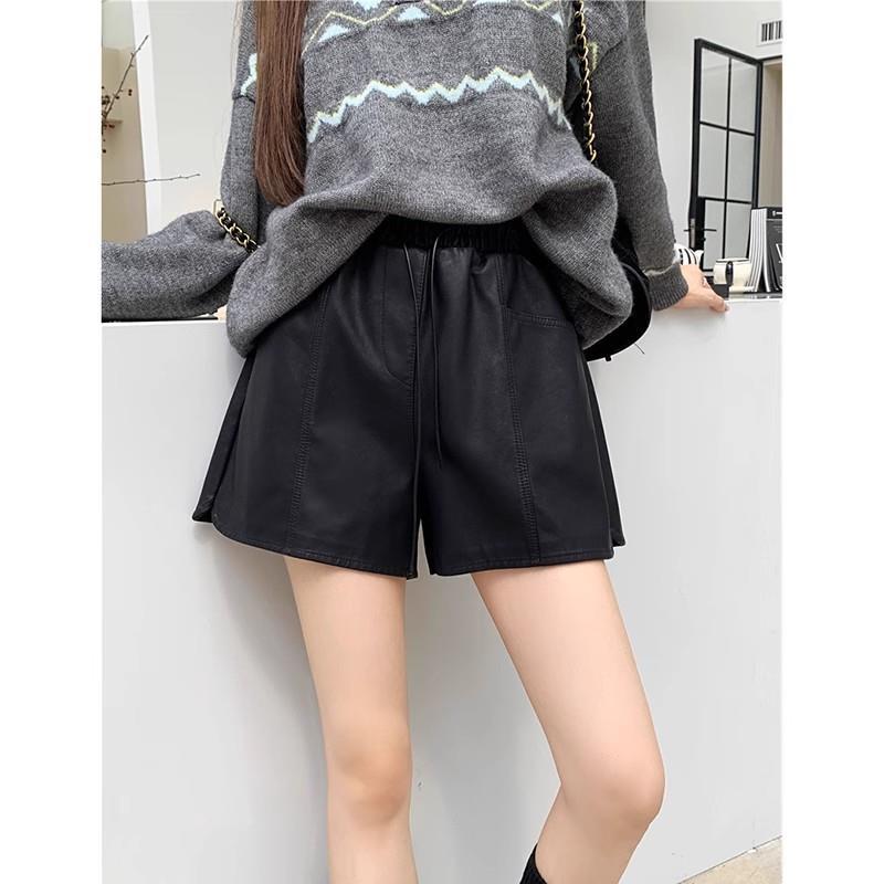 brown Shorts Women's Drawstring New All-match 2024pu Leather Loose Wide Leg Autumn Casual Shorts High Waist Slimming