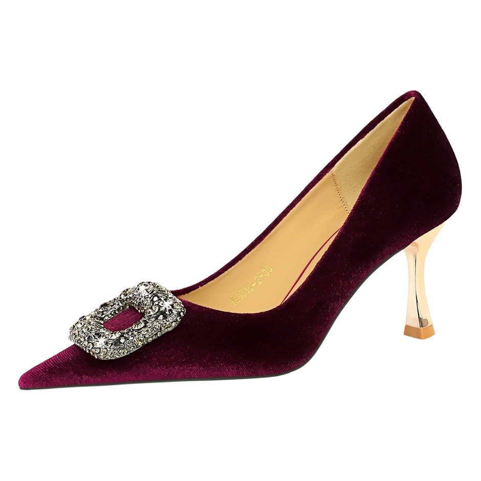 1818-k83 European and American style light luxury banquet high heels women's shoes wine cup heel metal rhinestone buckle thickened Suede single-layer shoes