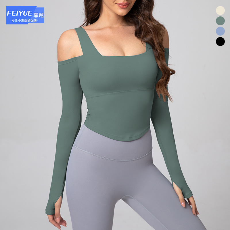 Feiyue Autumn and Winter New European and American Naked Shoulder Long-sleeved Tight with Chest Pad Sports Top T-shirt Yoga Clothing for Women