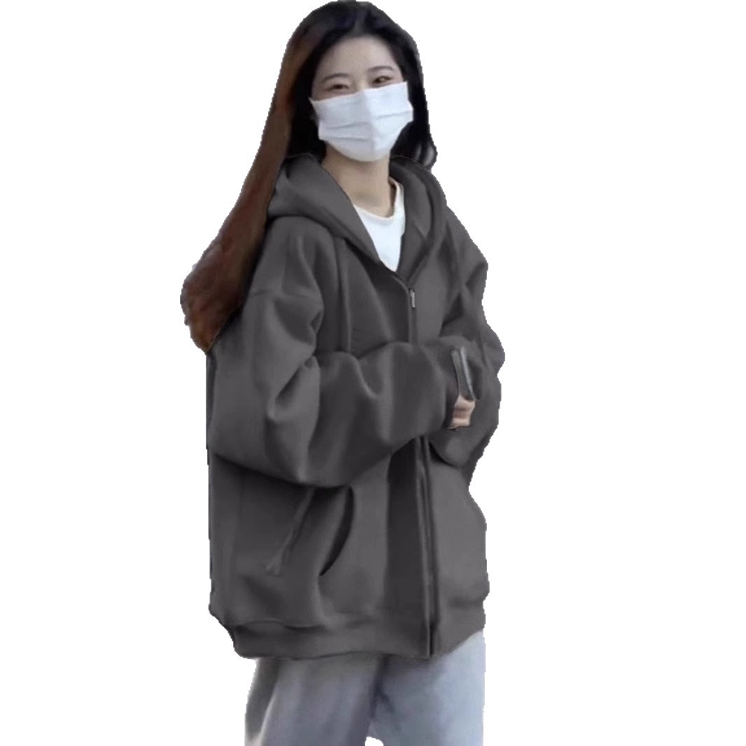 Picture of Wholesale Dropshipping Zipper Cardigan Solid Color Sweatshirt Jacket Women's Autumn Style American Retro Loose Hooded Top