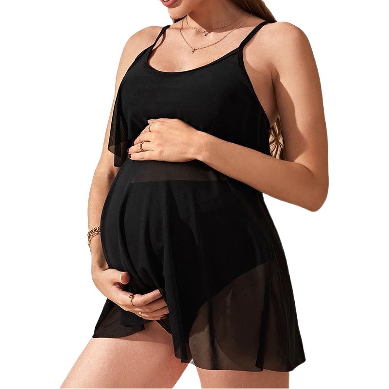 2025 New Summer Style European and American Pure Color Loose Belly-Covering Maternity Split Swimsuit Women's Beach Two-Piece Suspender Swimsuit