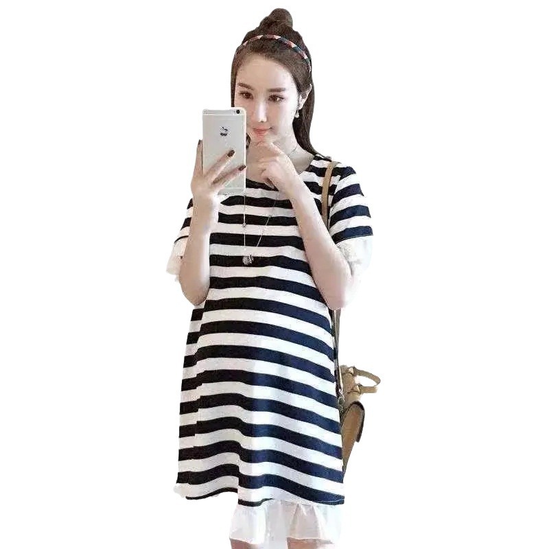 Picture of Pregnant women's T-shirt summer mid-length loose striped short sleeve dress pregnant slimming A- line skirt plus size pregnant women's skirt summer