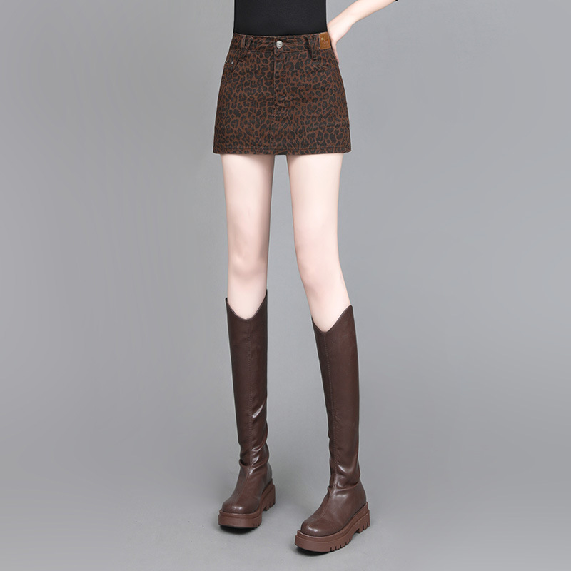 Picture of American Retro Spice Girl Leopard Print High Waist Denim Skirt 2024 Autumn New Belly Covering Slim A- line Skirt