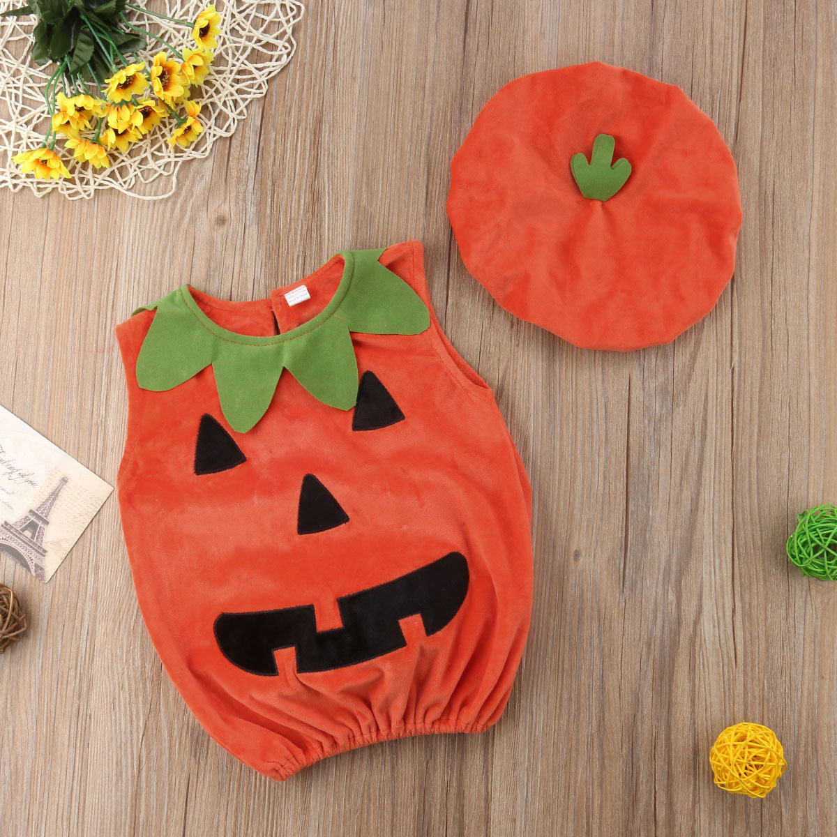 Picture of ins New Baby Halloween New Children's Wear Cute Round Neck Sleeveless Pumpkin Hatshirt Clamping Clothes with Hat