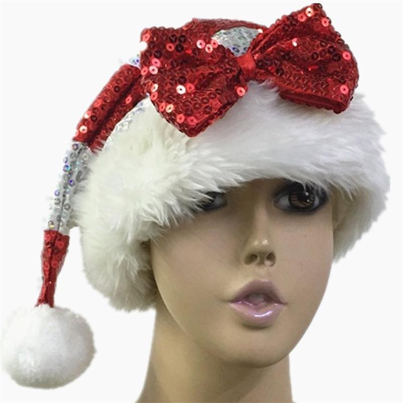 Cross-Border Christmas Hat Decoration Santa Hat Striped Stitching Bow Sequin Party Supplies Manufacturer Wholesale
