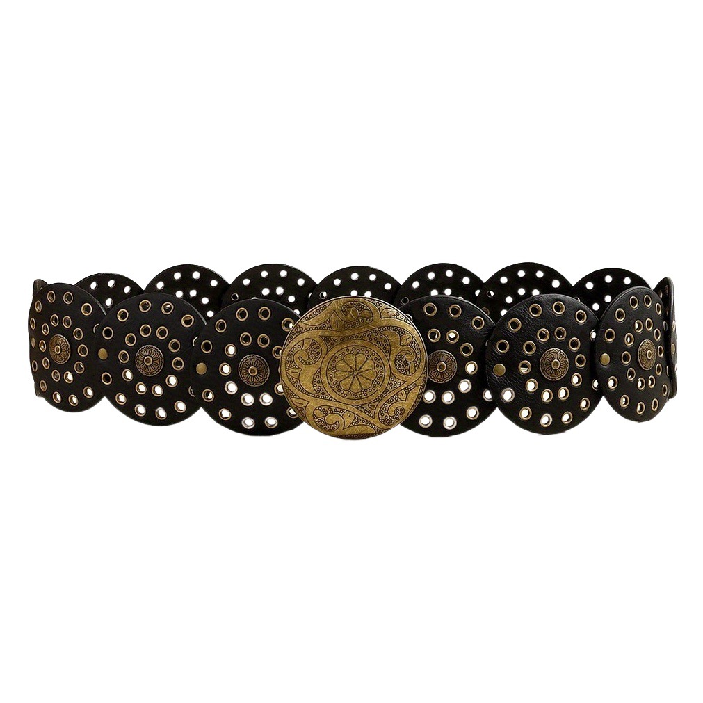 Middle Ages Spice Girl Millennium Subculture Disc Hook Faux Leather Vintage Rivet Stitching Alloy Belt Wide Belt