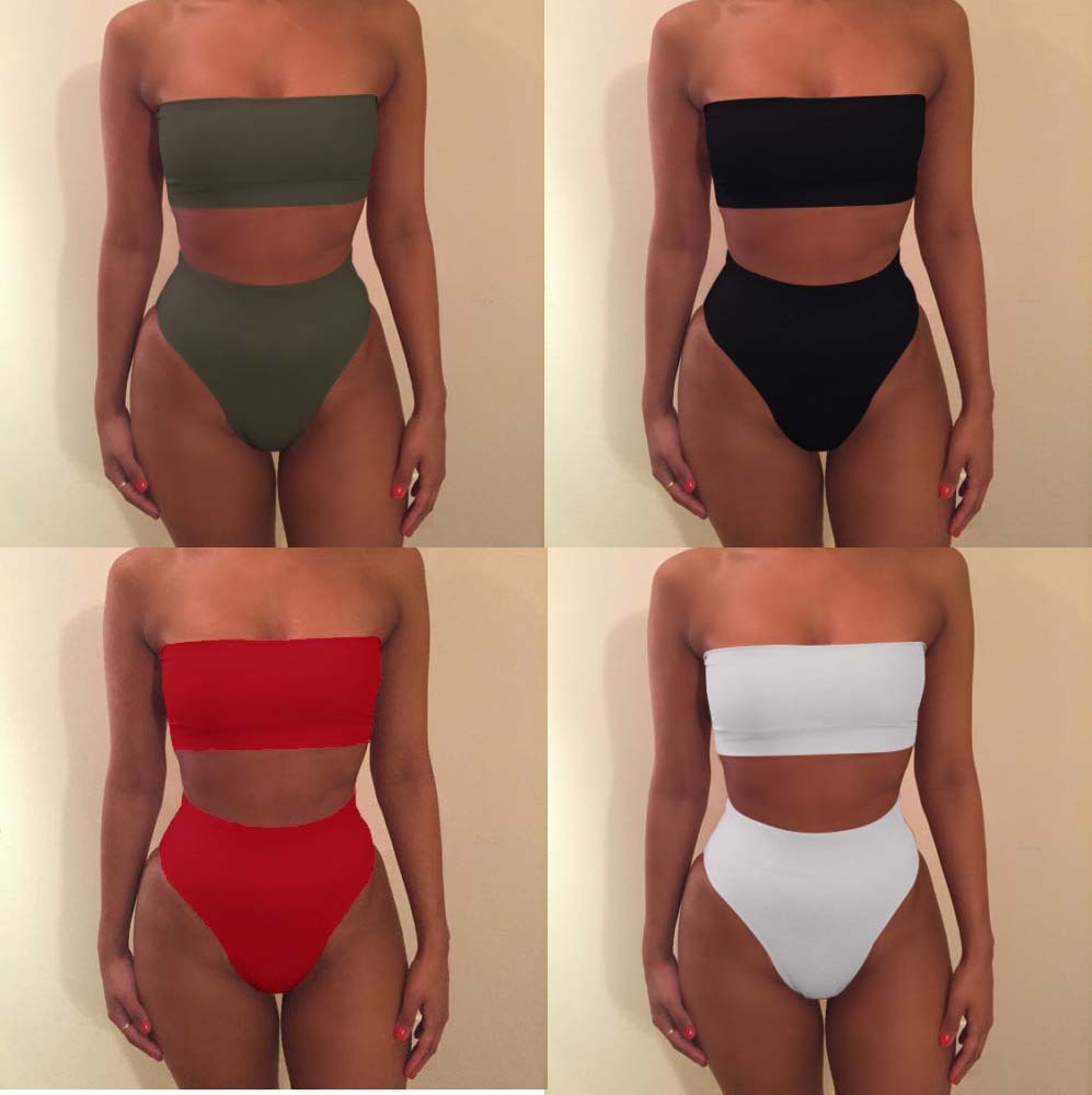 European and American Ebay Aliexpress Spring and Summer Sexy Pure Color Tube Top Split Two-Piece Swimsuit Ready-Made Manufacturer for Women