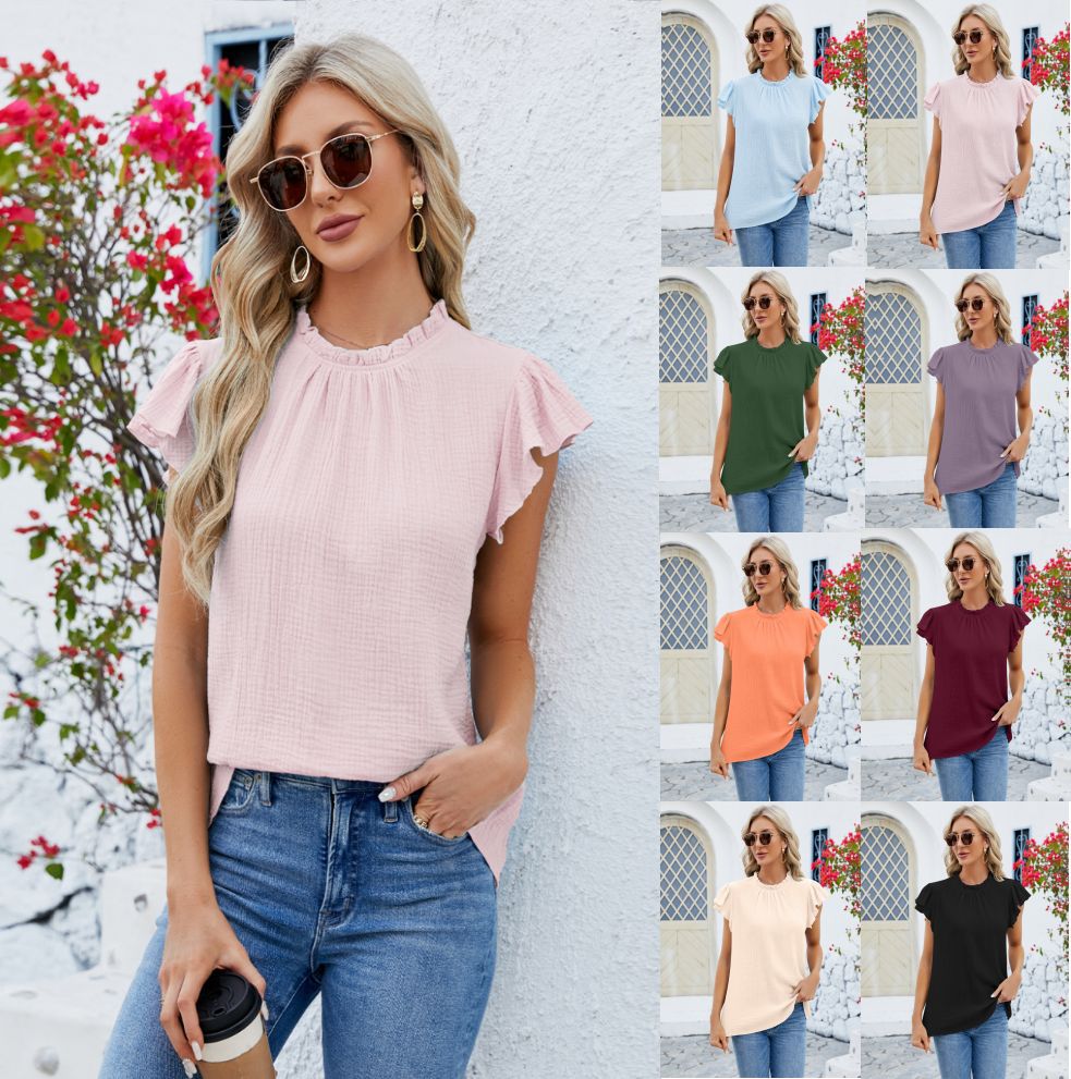 Cross-border European and American 2024 New Amazon TEMU spring and summer solid color cotton pleated casual short-sleeved women's top