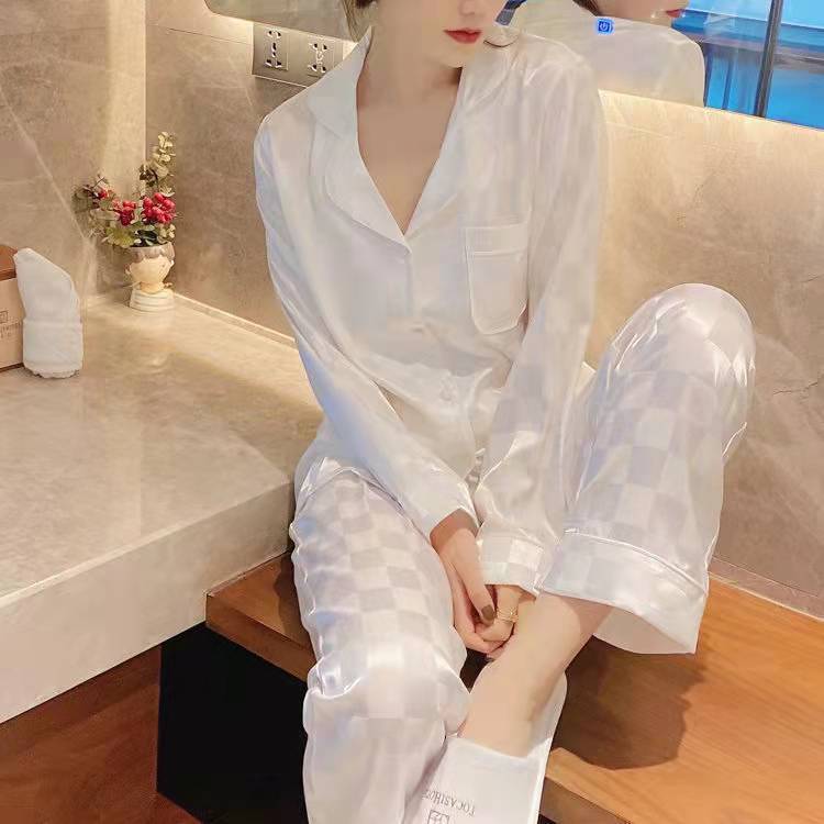 Checkerboard Ice Silk Imitation Silk Pajamas Women's Autumn and Winter Long-sleeved Korean-style Ins Women's Home Clothes Southeast Asia pajamas