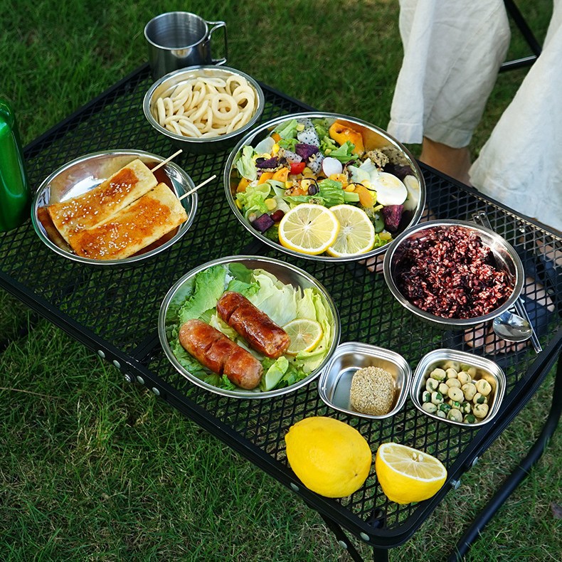 Picture of Outdoor Stainless Steel Dinner Plate 17-Piece Set Camping Barbecue Tableware Portable Self-Driving Barbecue Plate Soup Basin Dish Bowl Set