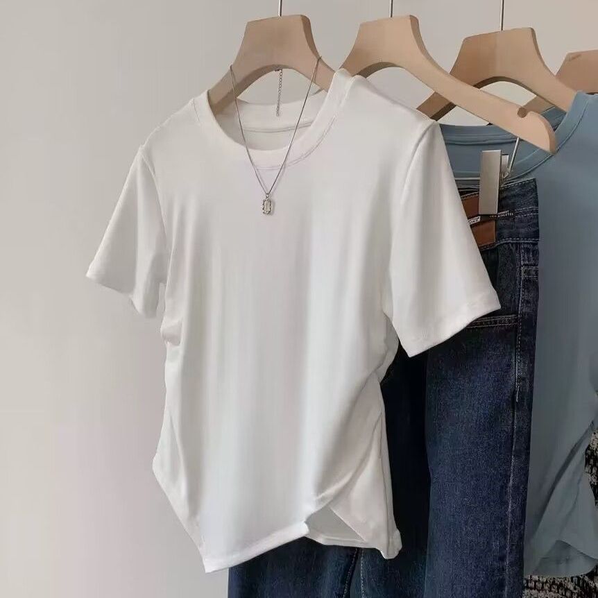 New Arrival All-Match Skinny Design Sense Minimized Pleated Comfortable Stretch Short-Sleeved T-Shirt Women's Summer Korean Style Top