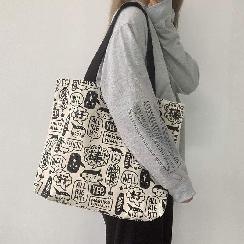 Picture of Cartoon Illustration Ins Canvas Bag Large Capacity Japanese and Korean Niche Canvas Bag Fresh Style Women's Shoulder Portable Casual Bag