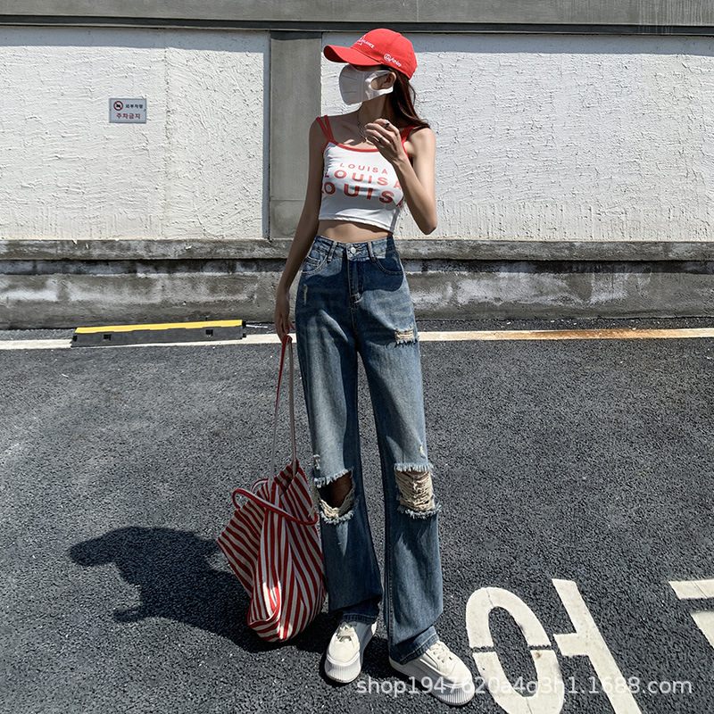 Picture of Ripped Wide Leg Jeans Women's Summer 2023 New High Waist Slim Look Straight Loose Dumping Pants Thin
