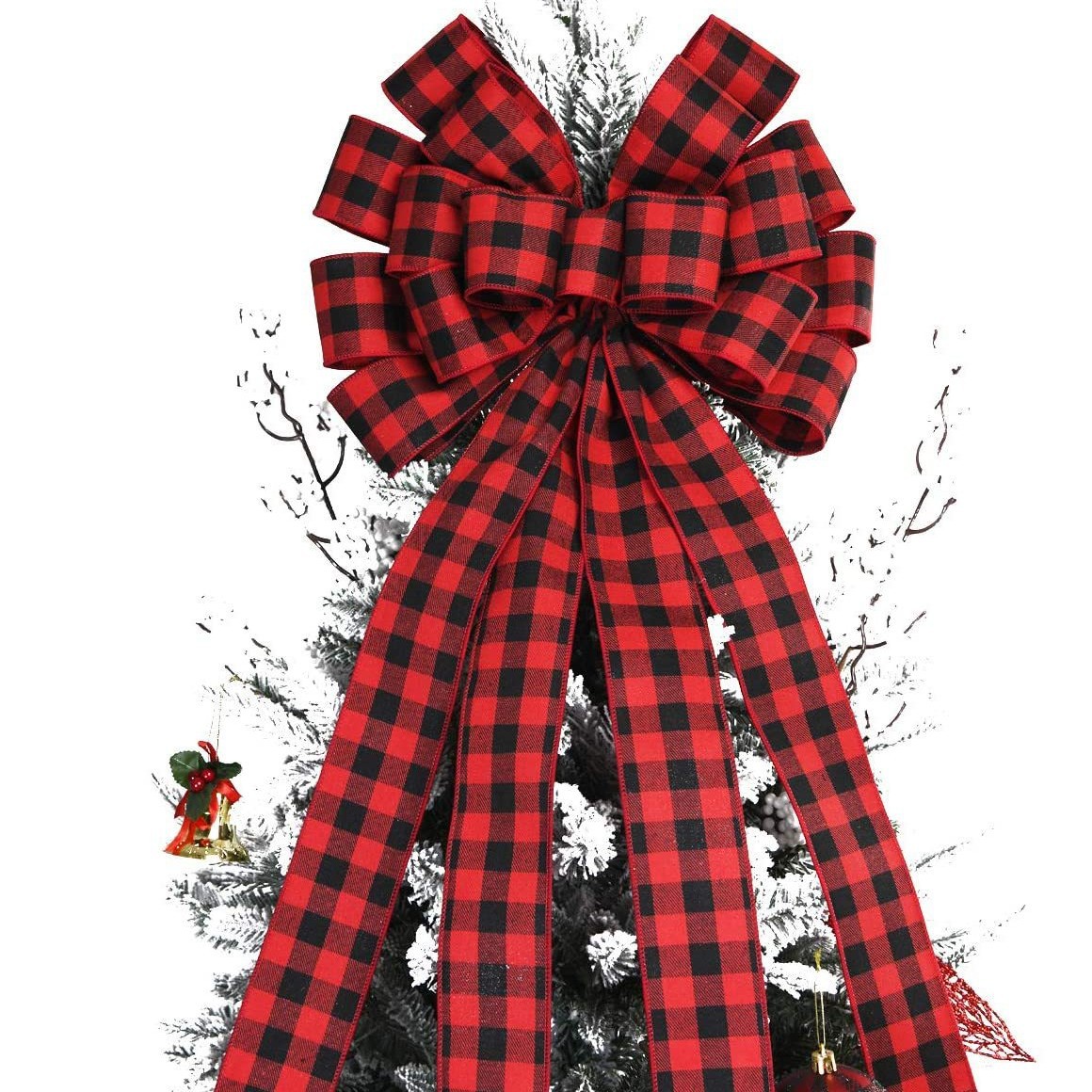 Cross-Border Extra Long 1.45 Christmas Tree Top Star Bow Decoration Red and Black Plaid Christmas Bow Christmas Tree Decoration