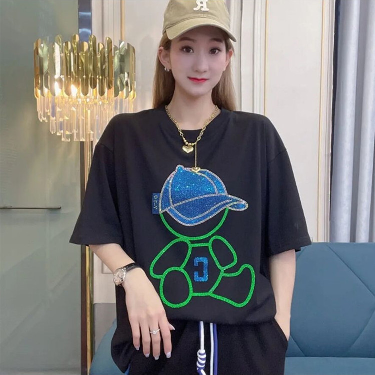 TikTok Live Heavy Industry Bear Front and Back Hot Drilling Short-sleeved T-shirt Women's Summer New Loose plus size European Top Trendy