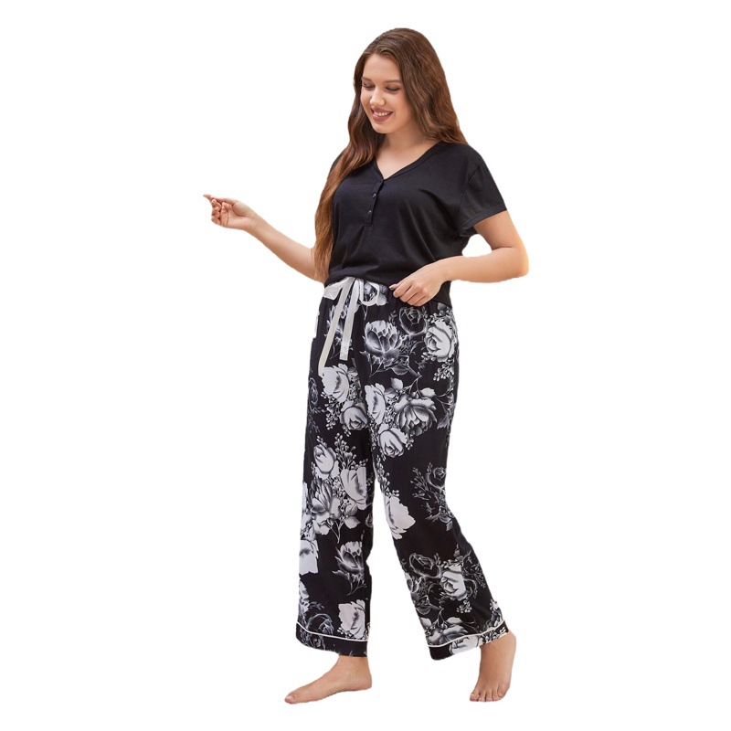Cross-Border European and American Large Size Pajamas for Women Spring and Autum Loose Short-Sleeved Pants Suit Home Clothes Export Amazon Ebay