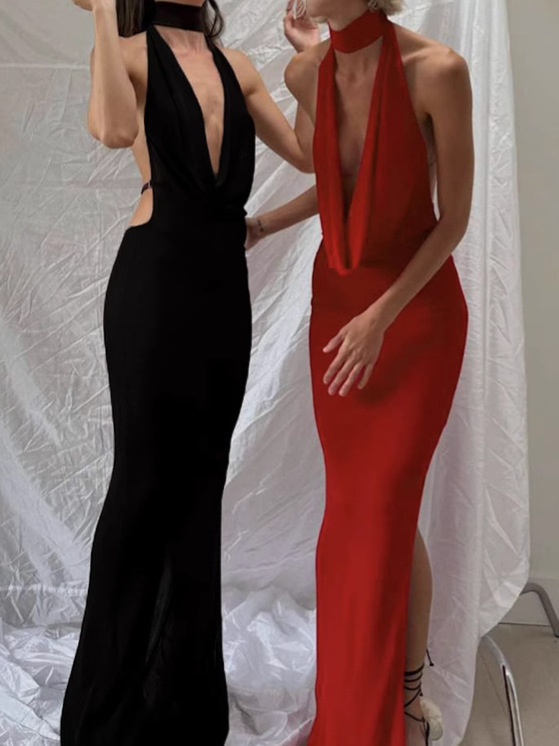 Europe and the United States wholesale women's 2024 autumn and winter new temperament sexy neck V-neck backless side split dress dress