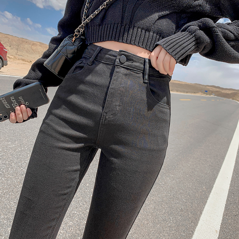 Autumn 2024 New Gray Black Jeans Women's High Waist Slim Look Tall Autumn and Winter Tight Feet Pencil Pants