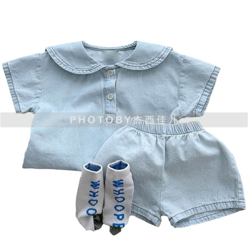Picture of Korean Style Ins Boys and Girls Summer New Two-Piece Children's Western Style College Lar Loose Casual Denim suit