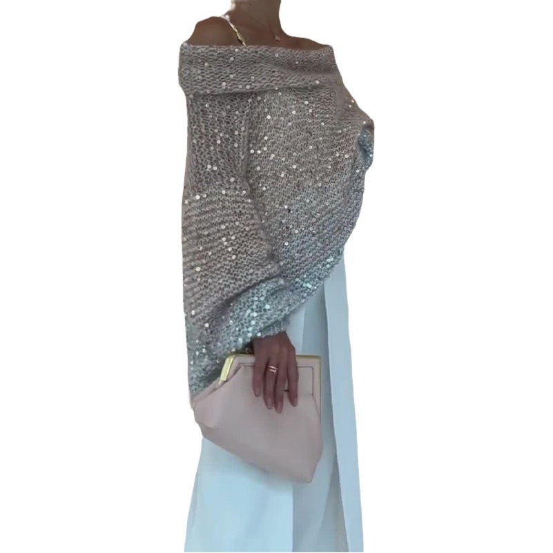 2023 Autumn and Winter New European and American Cross-border Solid Color Sequin Lazy Style Sweater Women's Pullover Thickened Women's Clothes Loose