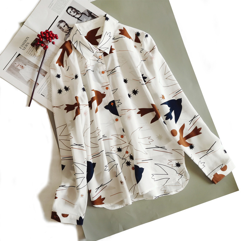 Picture of Clearance French Style Elegant Swallow Print Long Sleeve Silk Crepe-de-Chine Shirt Women's Commuter OL Mulberry Silk Shirt Mid-length