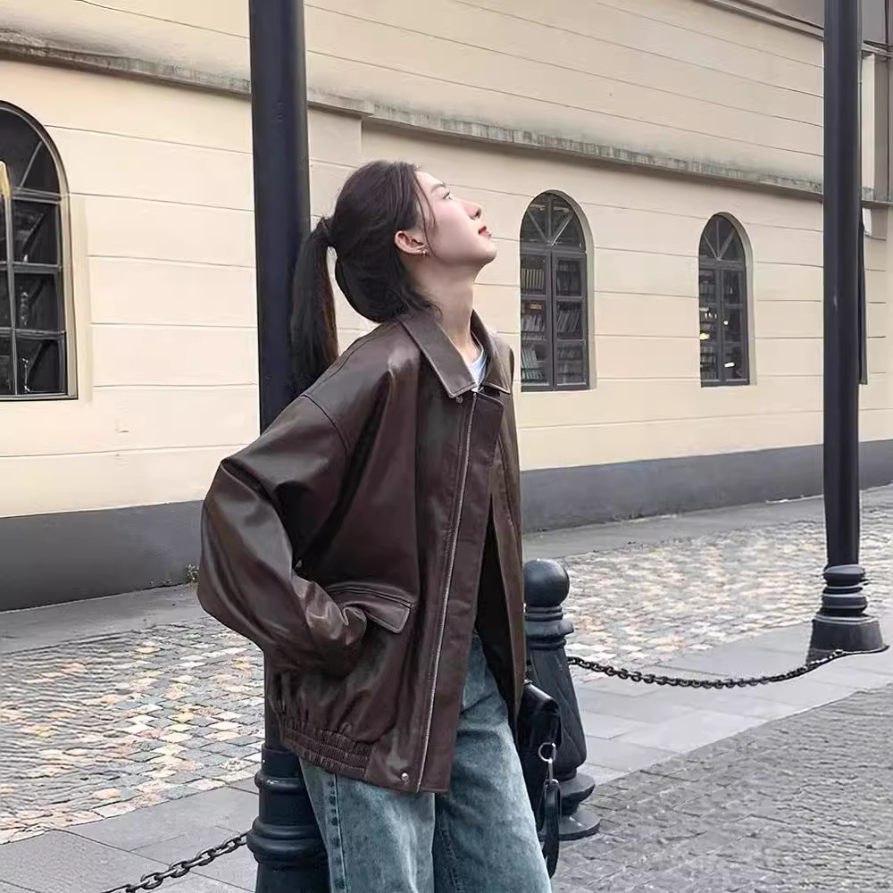 Picture of Brown Imitation Leather Jacket Women's Hong Kong Style 2024 New Autumn Loose American Style Retro Motorcycle Jacket Top