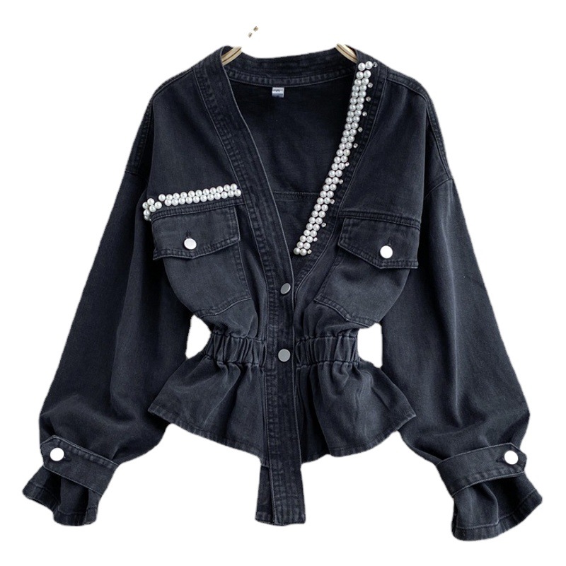 Cross-border V-neck Denim coat for women autumn and winter New Korean style loose bf fashion all-match beaded waist-tight short top