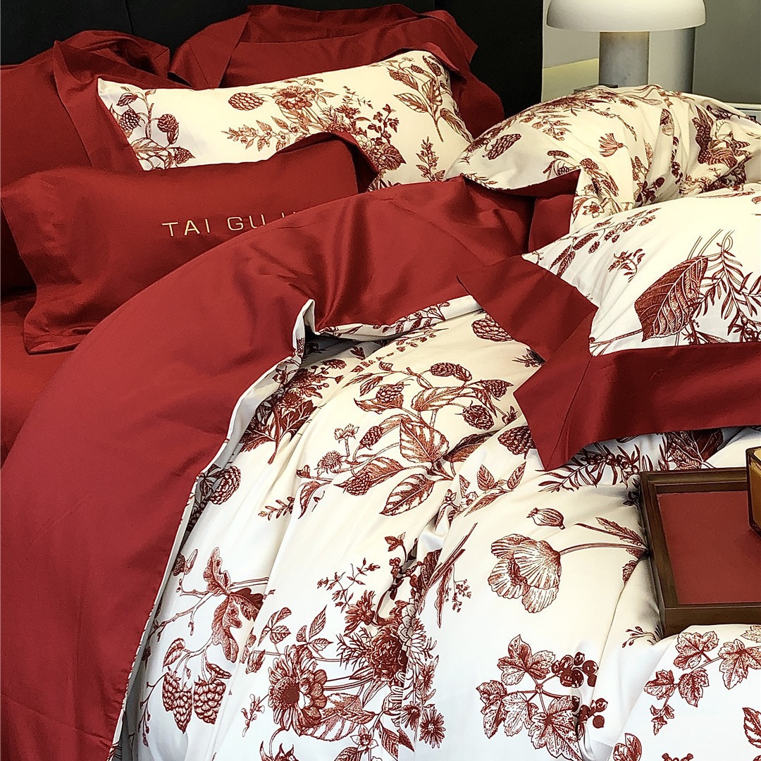French flower wedding red cotton long-staple cotton four-piece set high-end dowry housewarming festive bedding home textile