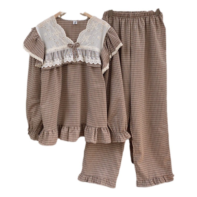 Korean style Autumn New sweet lace Plaid couple pajamas loose long sleeve nightdress women's home wear suit men's fashion
