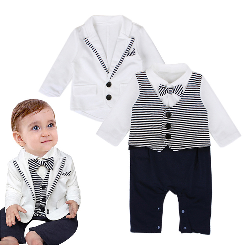 Foreign Trade New Children's Clothing European and American Style Boys' Gentleman's Bow Tie Stripesd Long-Sleeved One-Piece Harem + Jacket