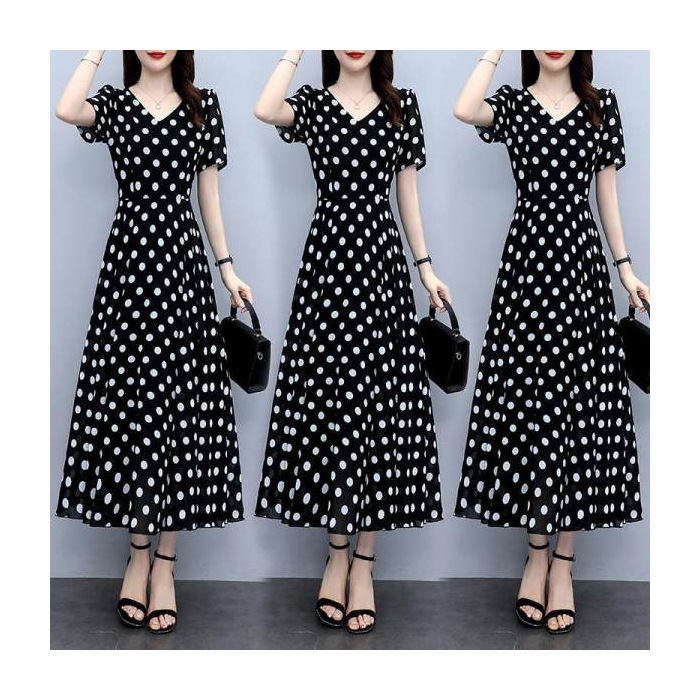 Picture of Summer 2024 New Fashionable Polka-Dot Chiffon Dress with Slim Waist and Western Style Long Over-The-Knee Long Skirt