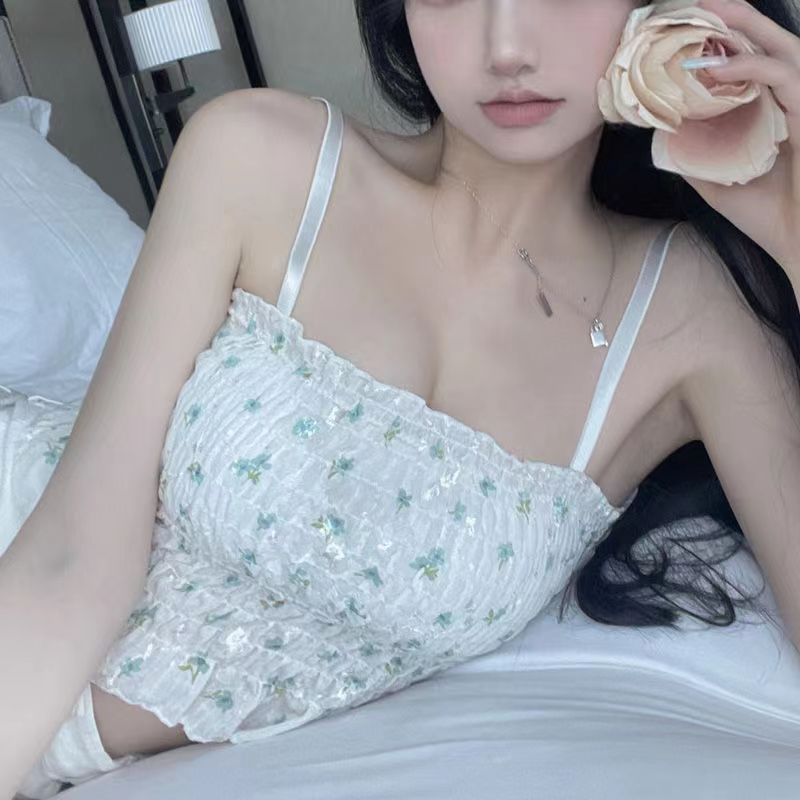 Picture of Design pleated floral camisole women's chest pad tube top beauty back outer wear slimming sweet spicy bottoming top summer