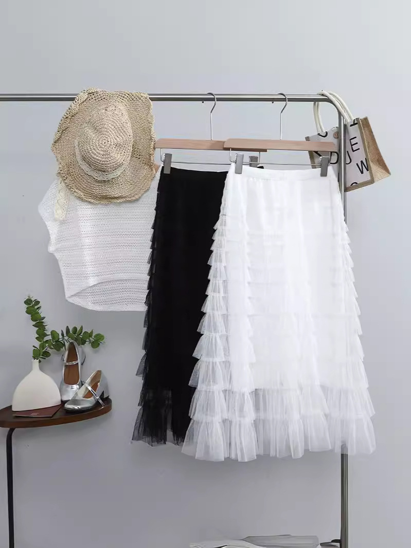 White Skirt Women's 2024 New Summer Lace Mesh Skirt A- Line Cake Skirt Tutu Skirt Fairy Skirt Long Skirt