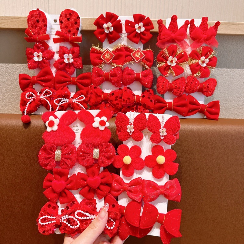 Children's New Year Hairpin suit Spring Festival Red Festive Headwear Little Girl's Bangs Clip Side Clip Baby's Broken Hair Clip