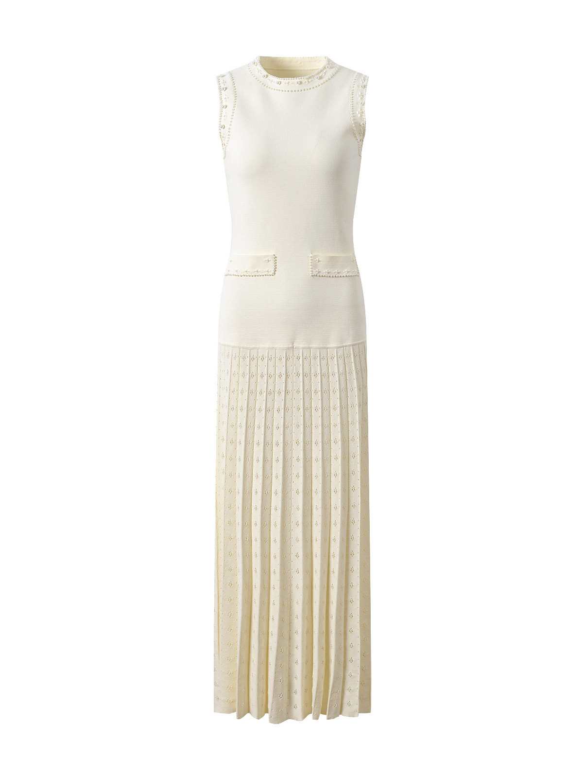 Picture of 2025 European and American Cut Out Pleated Long Skirt Accessible Luxury Pearl Hem Knitted Dress Round Neck Sleeveless Vest Dress