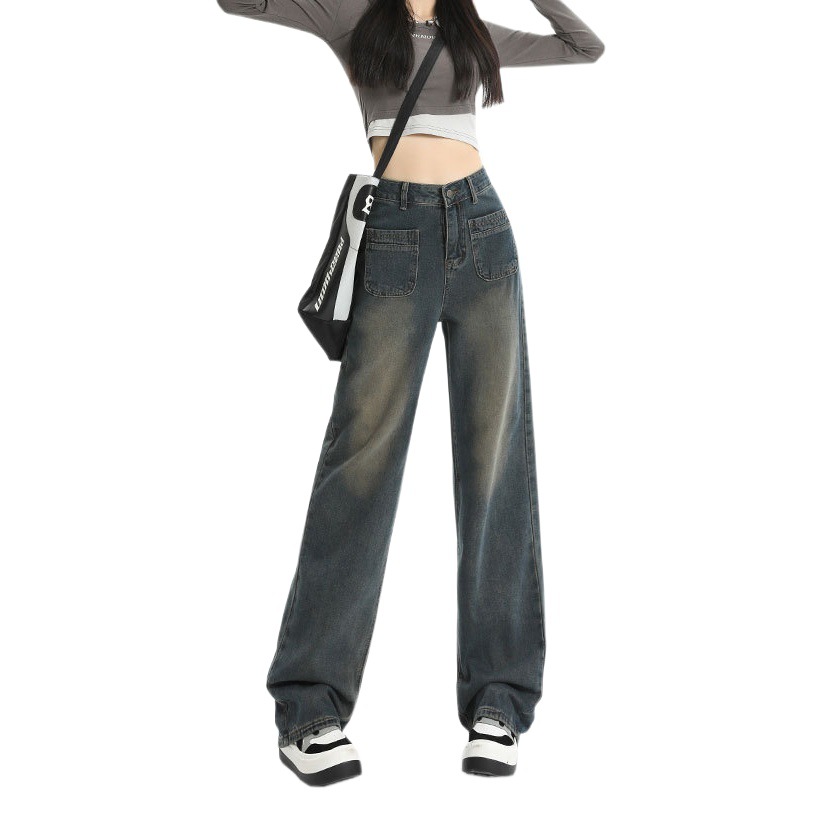 Cement Grey Nostalgic Jeans Women's American-style High Street Spring and Autumn Niche Narrow Pocket High Waist Straight Long Pants