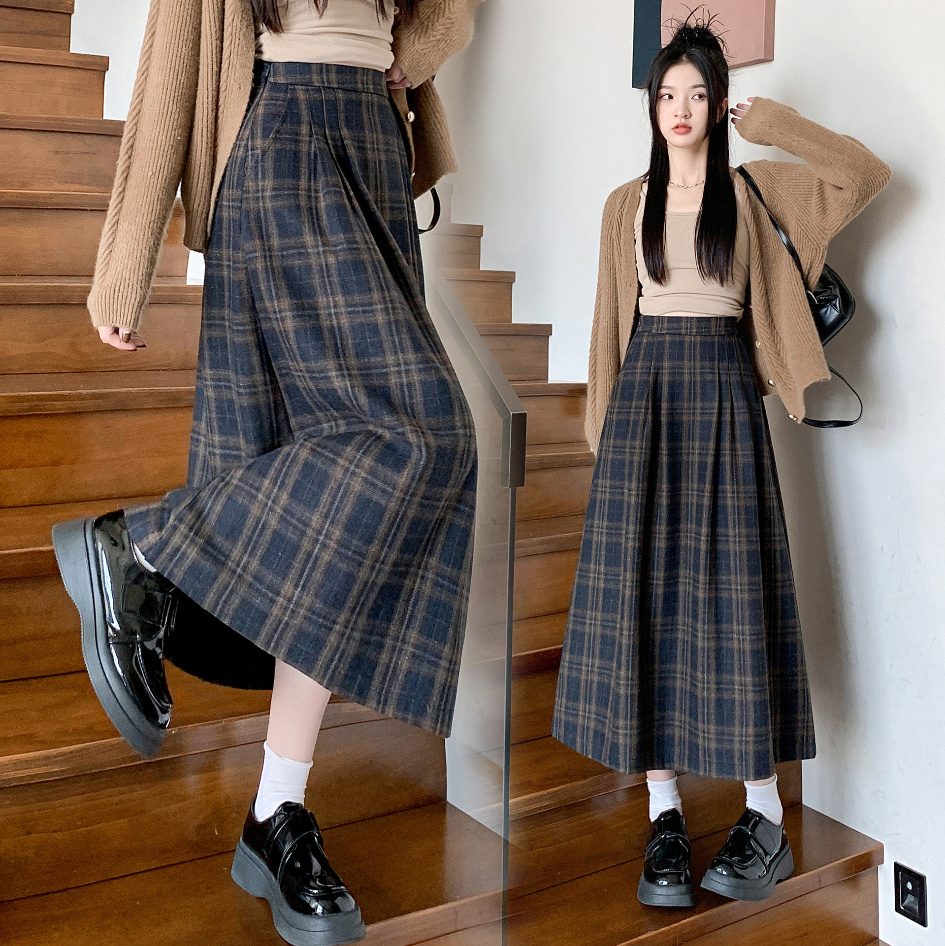 Real Shot Japanese Retro Woolen Plaid Skirt Women's Winter Pleated Skirt Plaid Long Skirt Umbrella Skirt Mid-Length A- Line Skirt